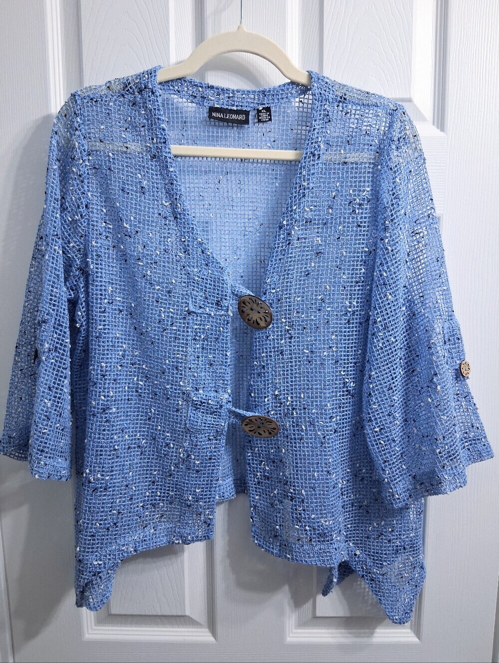 Nina Leonard Knit Mesh Jacket Beach Coverup Boho Lightweight Light Blue